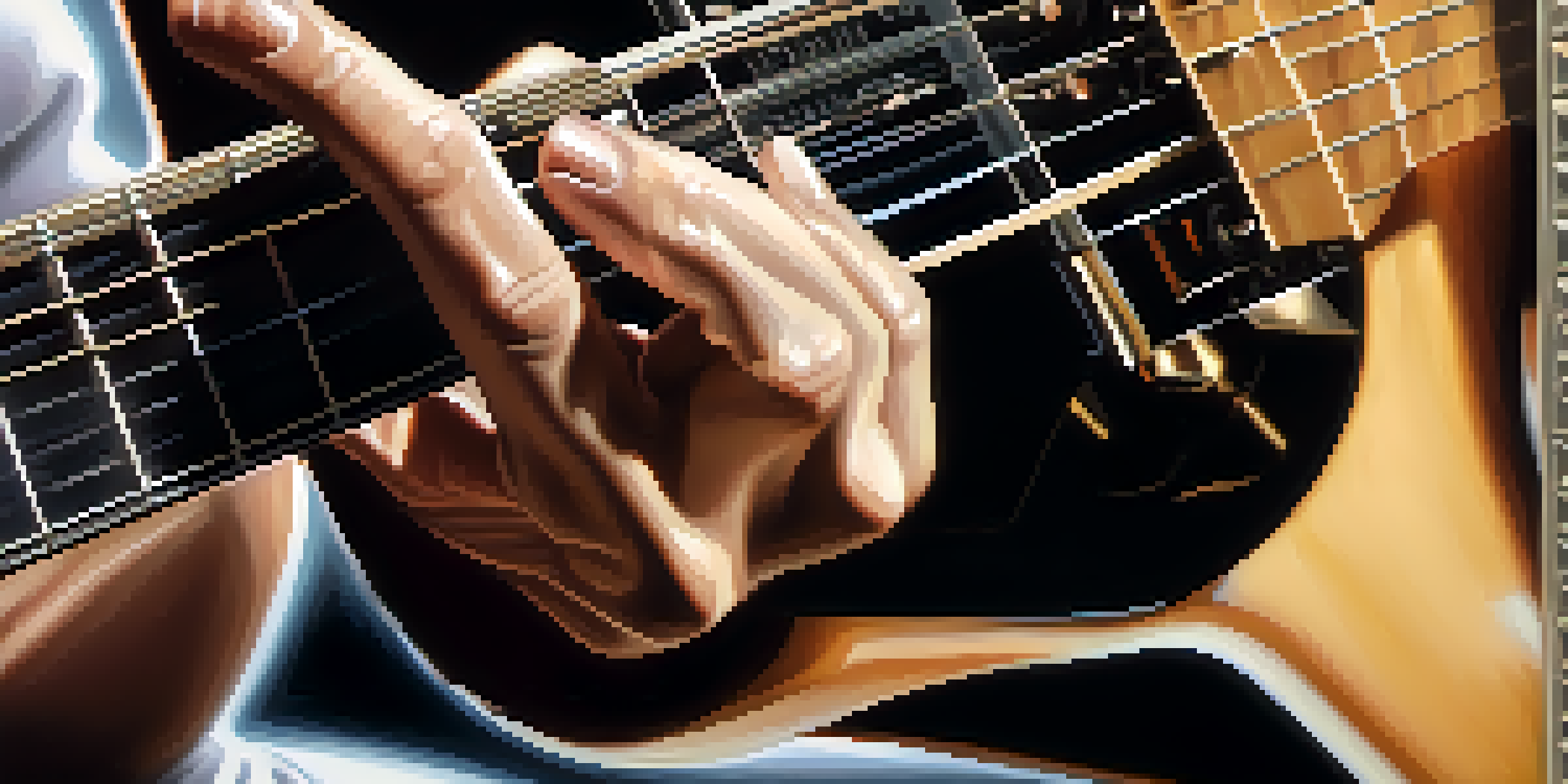 A guitarist's hands playing warm-up exercises on an electric guitar, with a blurred sheet music background.