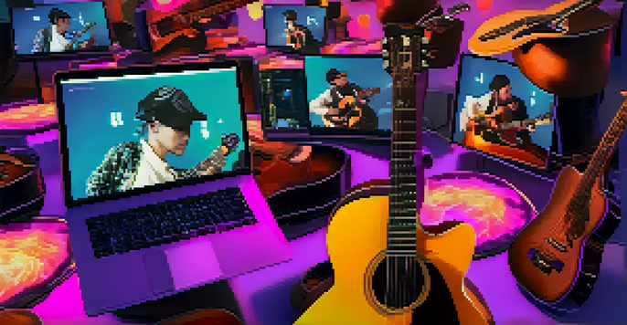 A lively online jam session with diverse musicians playing guitars, displaying colorful video feeds and animated musical notes.