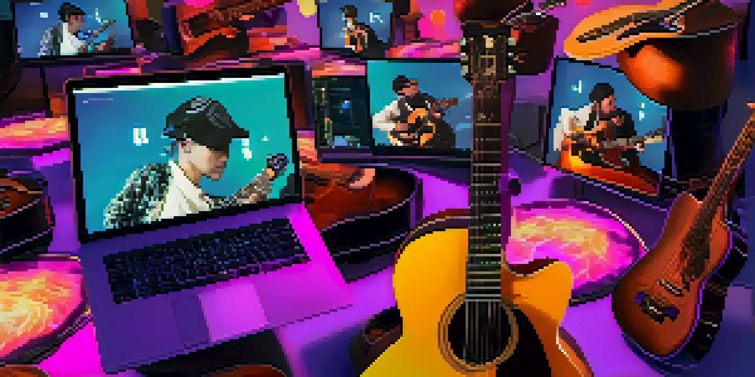 A lively online jam session with diverse musicians playing guitars, displaying colorful video feeds and animated musical notes.