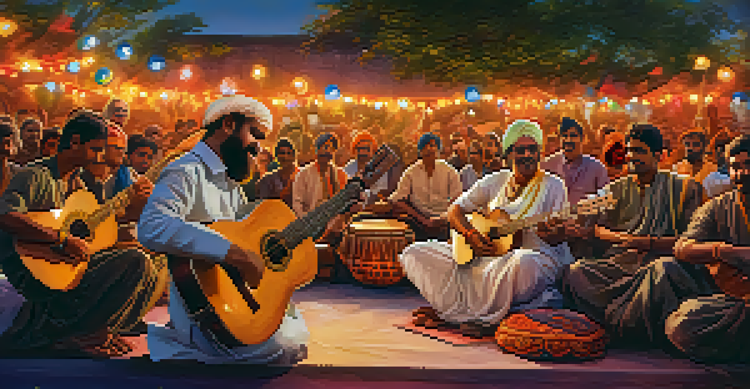 A guitarist performing with traditional Indian percussionists on an open-air stage, with colorful lights and an enthusiastic audience.