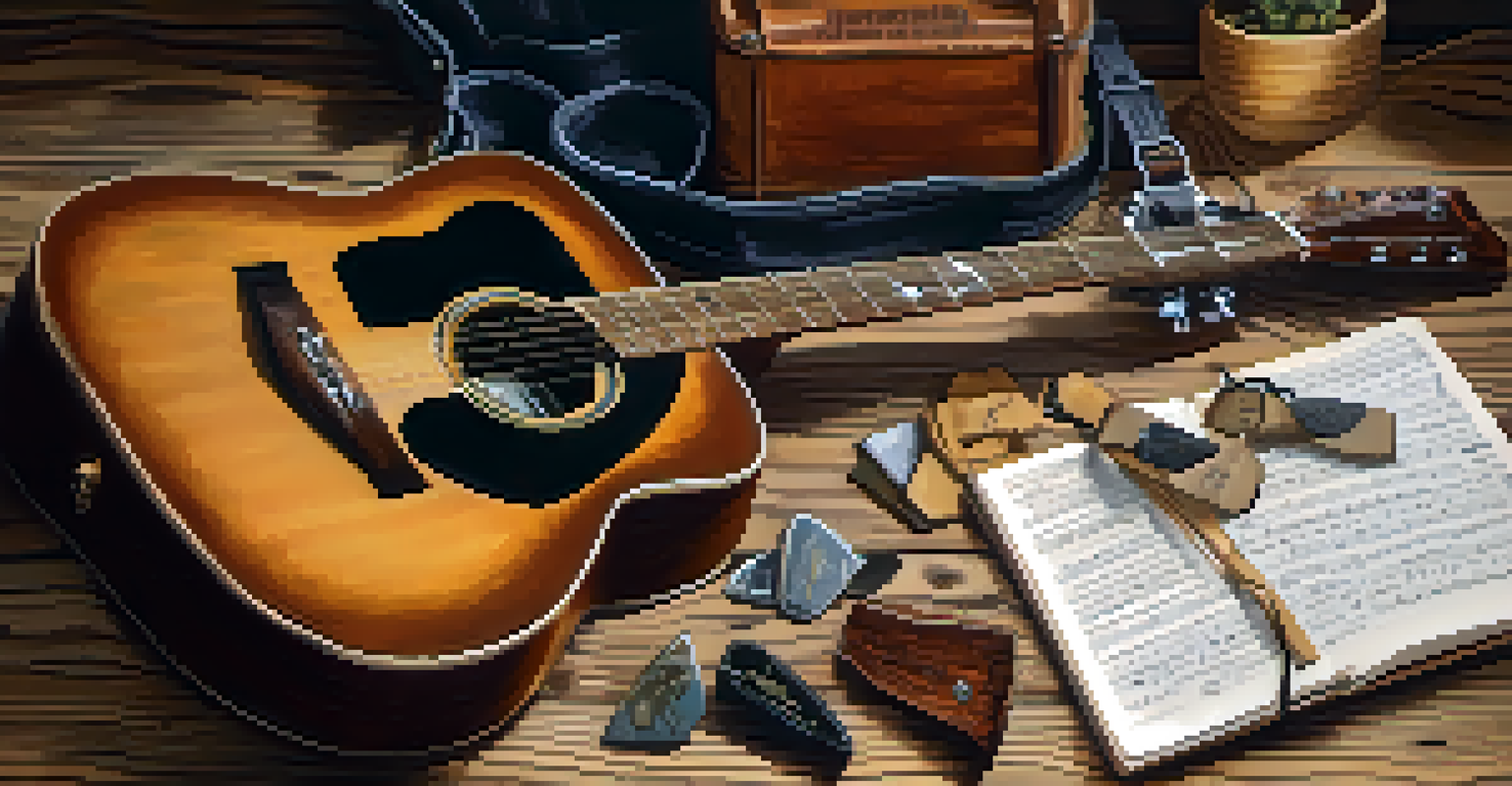 Flat lay of guitar accessories such as a capo, picks, and a notebook on a rustic wooden table.