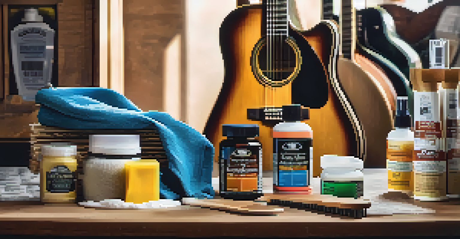 An arrangement of guitar cleaning supplies such as microfiber cloths, cleaners, and fretboard conditioner, with a blurred guitar in the background.