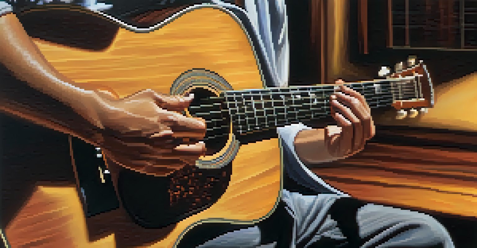 A close-up of a musician's hands playing an acoustic guitar, highlighting the fingers on the strings and the wood grain of the instrument.