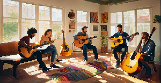 A warm and inviting group guitar class with people of various backgrounds playing guitars together in a sunlit room, creating a sense of community and joy.