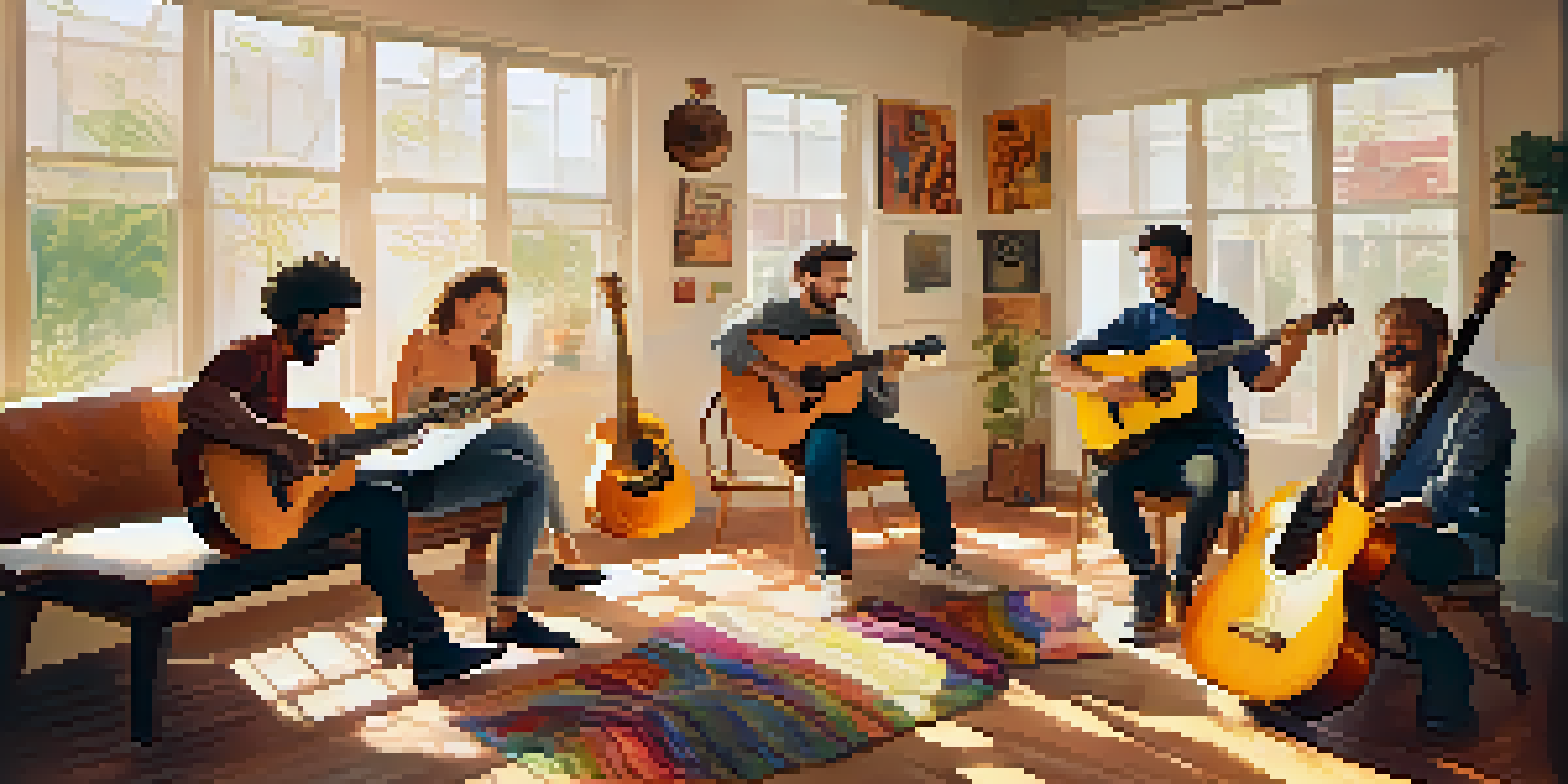 A warm and inviting group guitar class with people of various backgrounds playing guitars together in a sunlit room, creating a sense of community and joy.