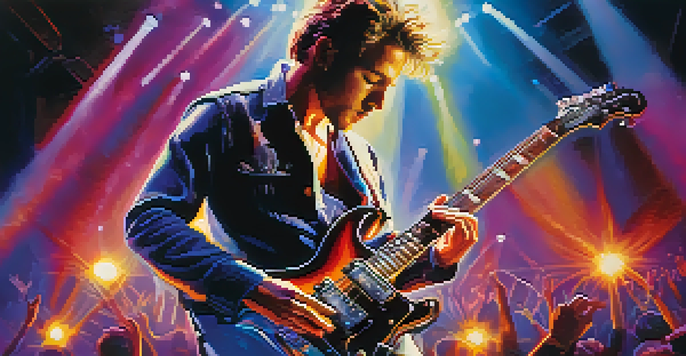 A lead guitarist performing passionately on stage with colorful stage lights and an engaged audience in the background.