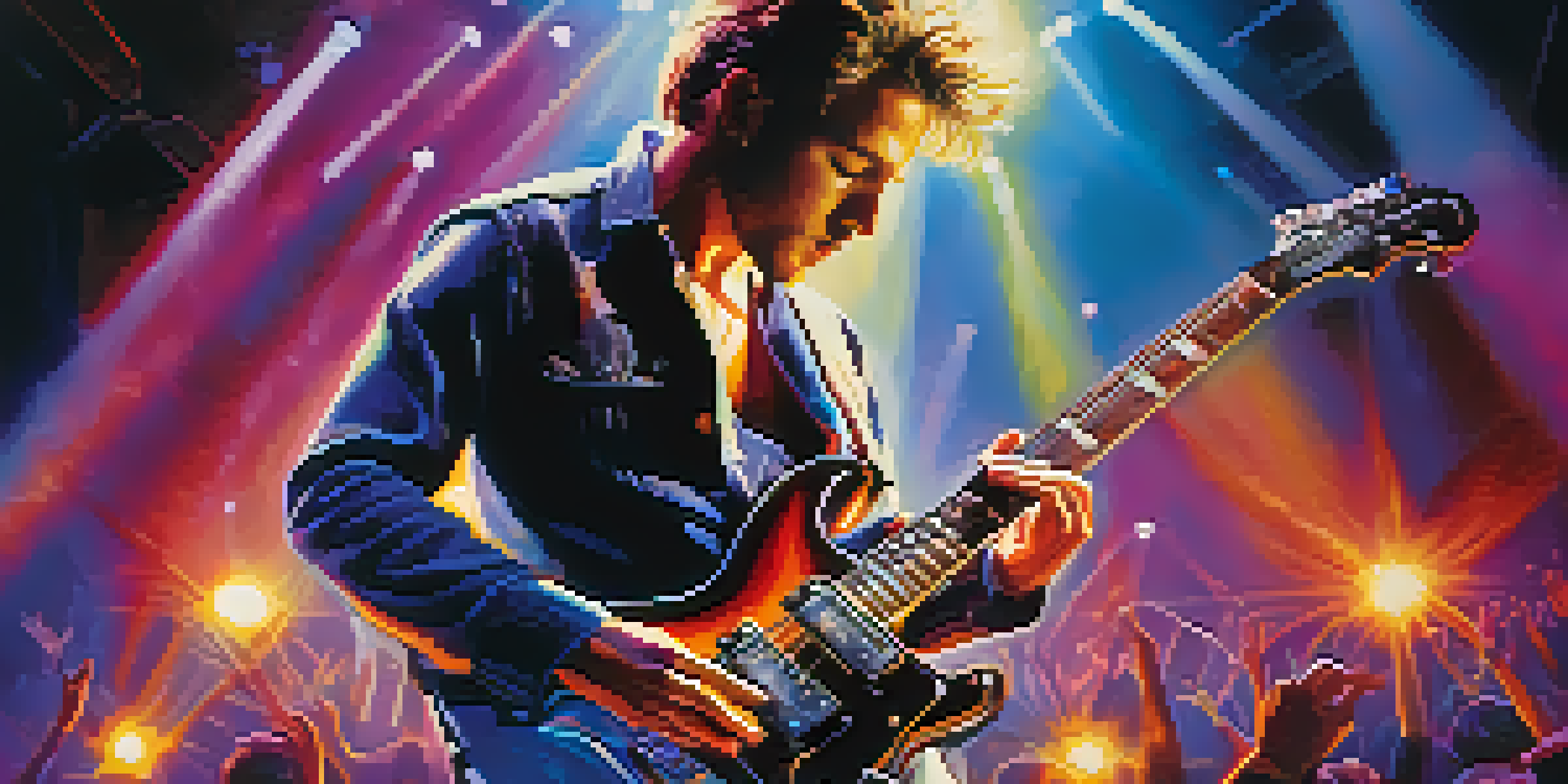 A lead guitarist performing passionately on stage with colorful stage lights and an engaged audience in the background.