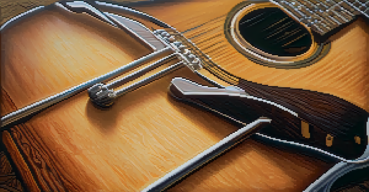 A close-up of a vintage acoustic guitar on a wooden table.