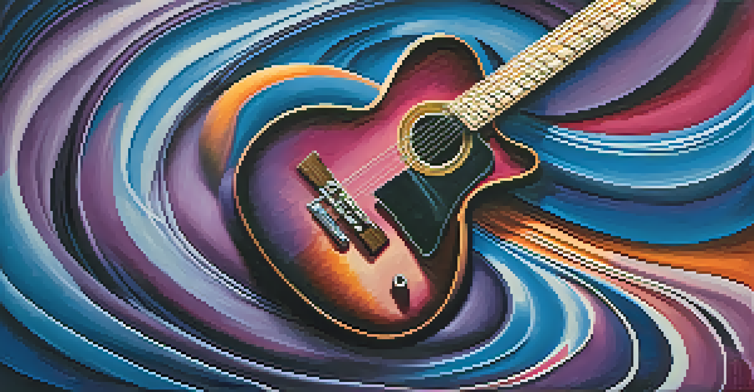 An abstract representation of music with colorful notes and sound waves around a guitar.