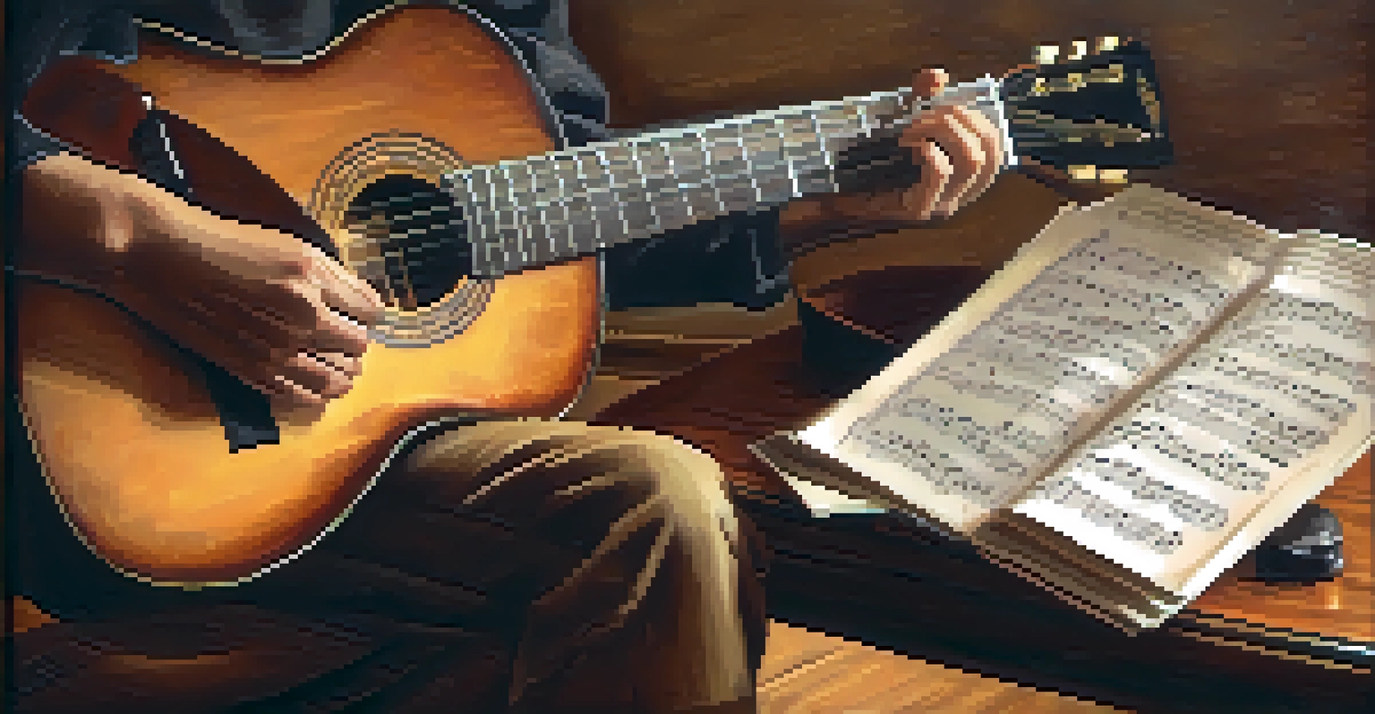 A close-up of hands strumming a guitar with sheet music and a warm cup of coffee on a table, conveying a cozy music practice scene.