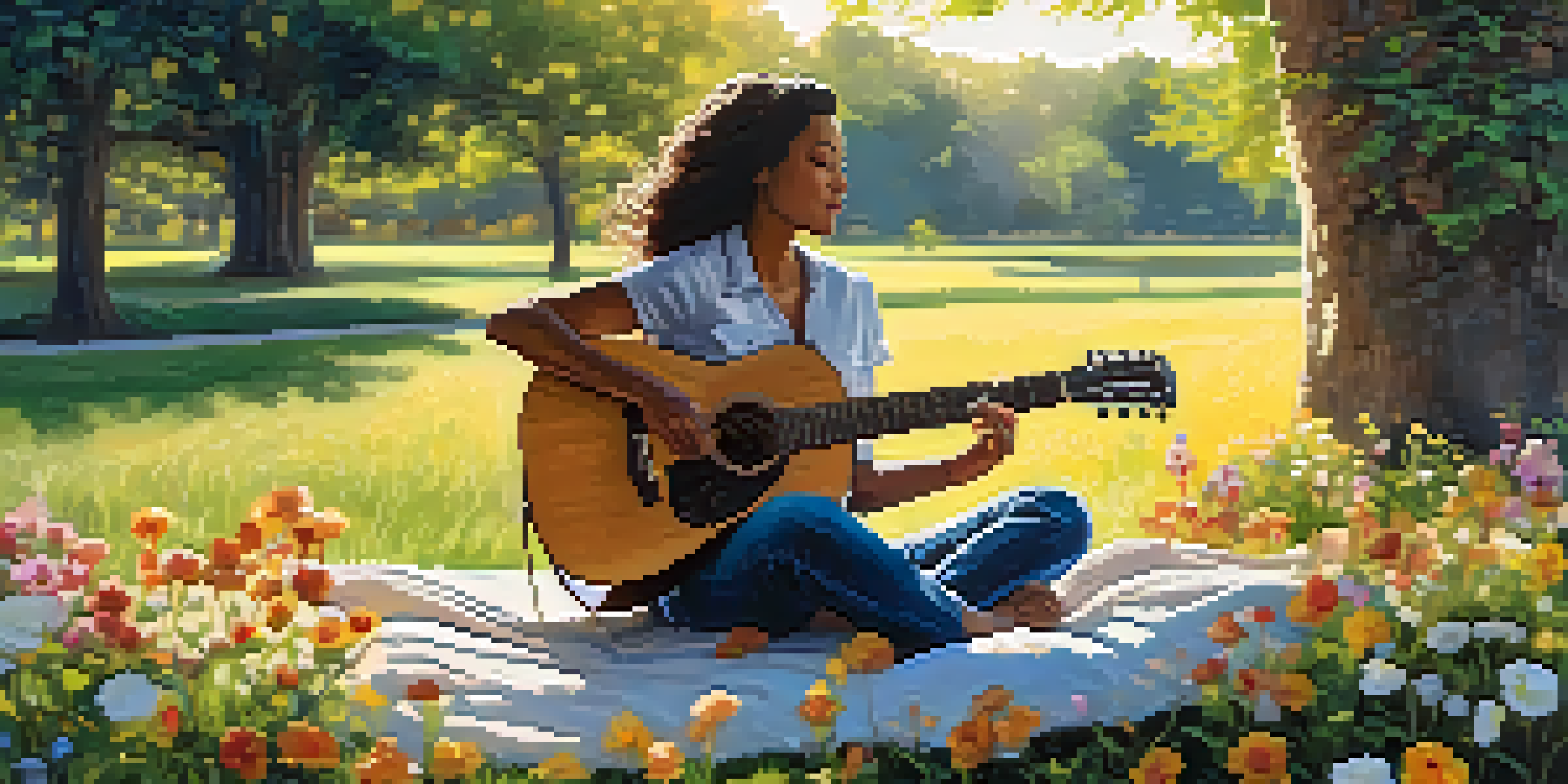 A guitarist and vocalist collaborating in a sunlit park, surrounded by flowers.