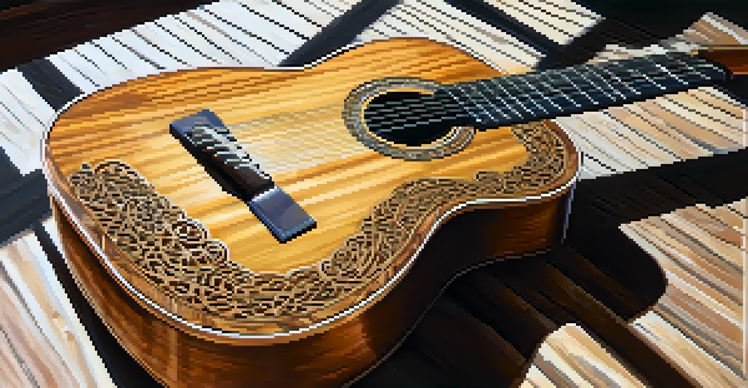 A close-up of a Flamenco guitar on a wooden table with hands strumming the strings.