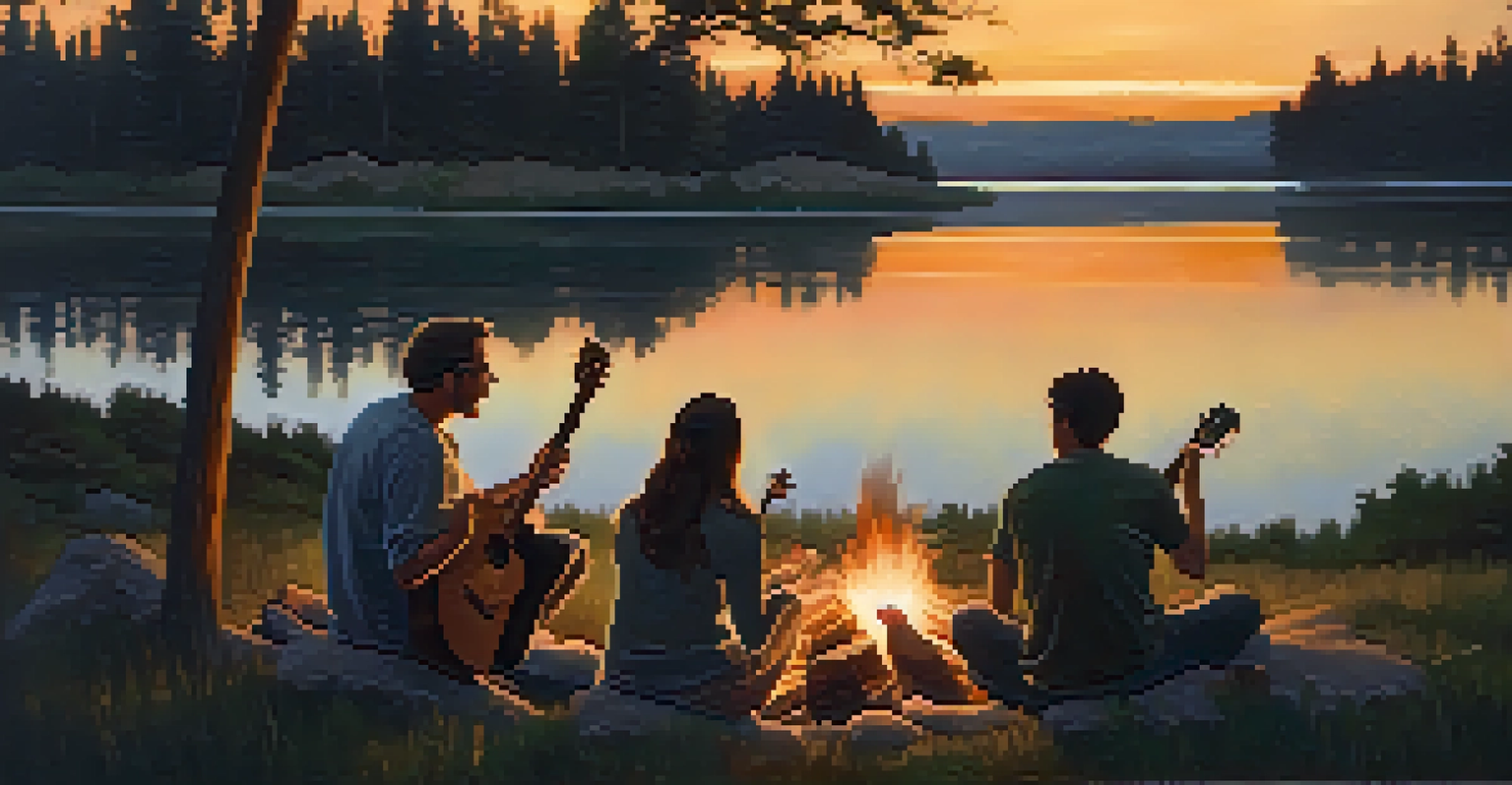 A person strumming a guitar by a campfire at dusk, surrounded by friends enjoying the moment.