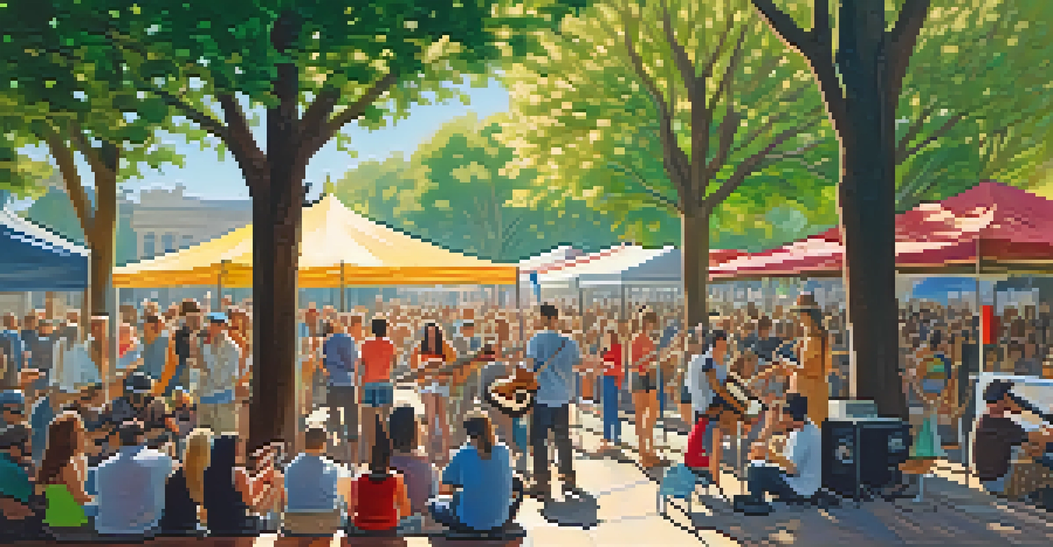 Musicians playing guitars on a stage in a city park during a music festival with an audience gathered around.