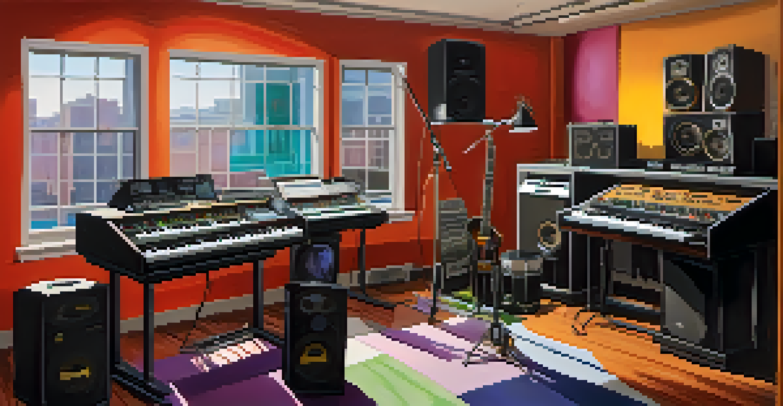 A vibrant music studio with instruments and sound equipment.