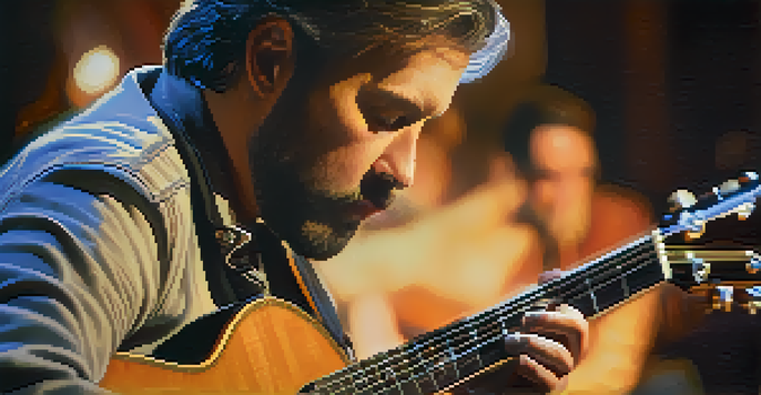 A fingerstyle guitarist performing on stage with warm lighting, showcasing intricate techniques.