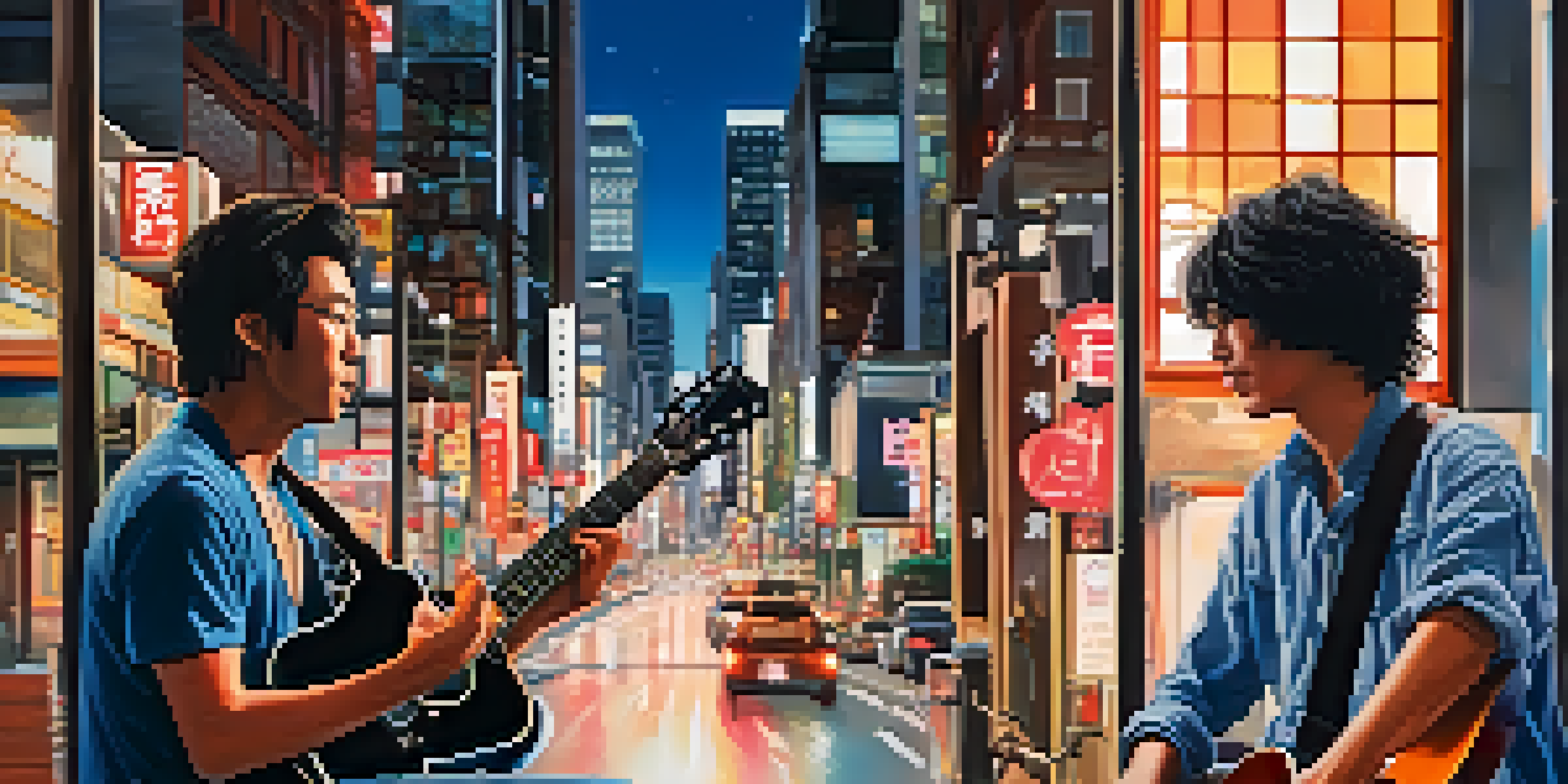 A split-screen image showing a guitarist in New York and another in Tokyo collaborating online, with city lights and traditional architecture in the background.