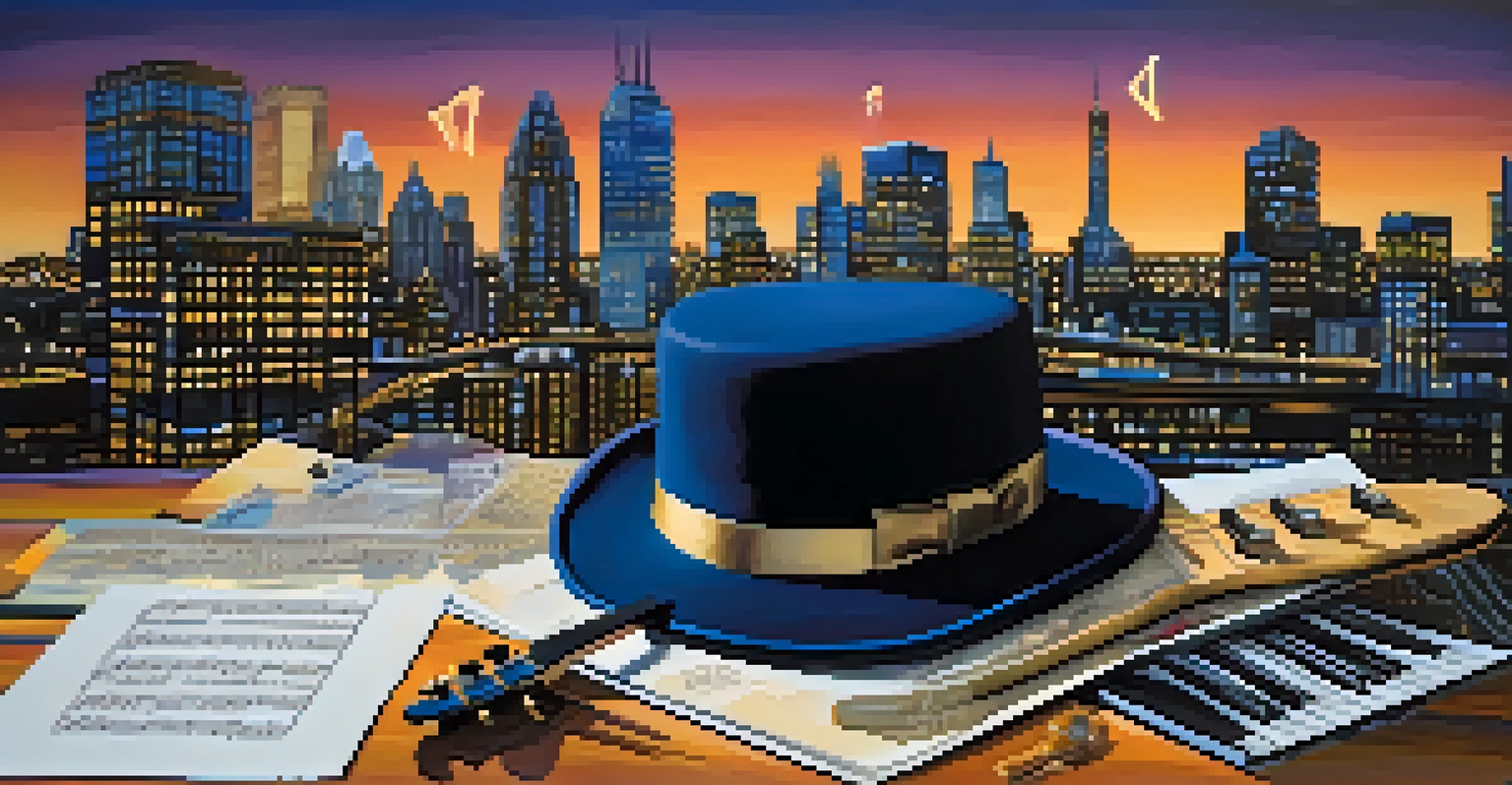 A collage representing a rock star's journey with a top hat, electric guitar, musical notes, and a city skyline.