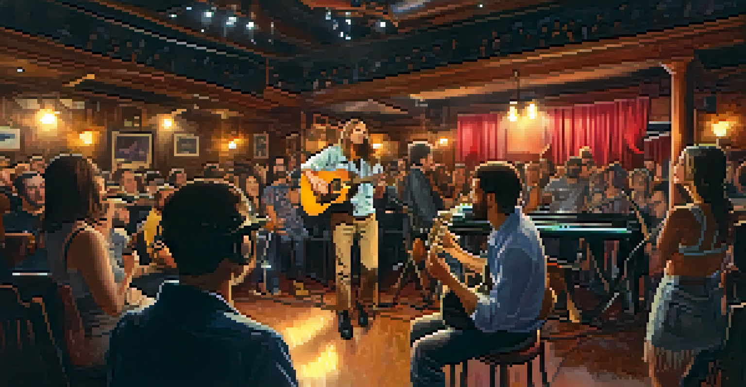 A small rock concert with a band performing on stage and fans enjoying the intimate atmosphere.