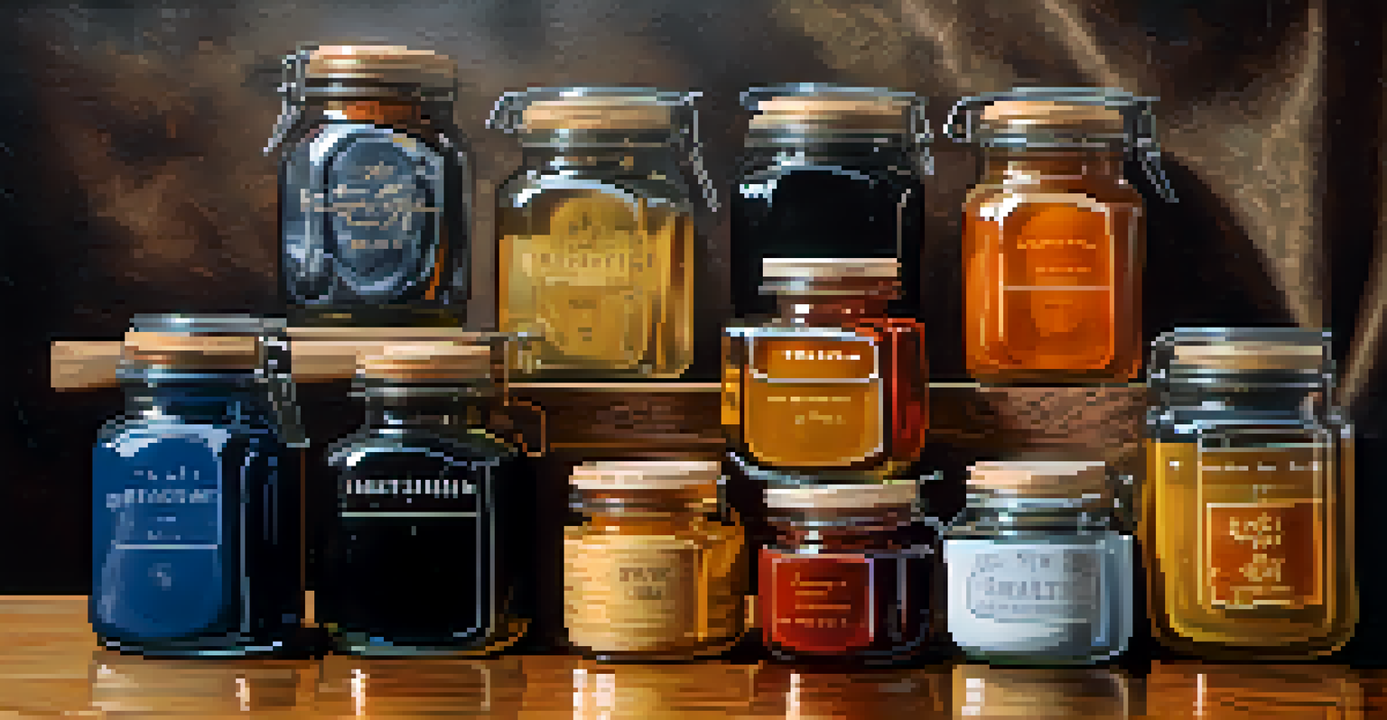Flat lay image of jars containing different guitar finishes, with labels and a paintbrush on a textured canvas background.