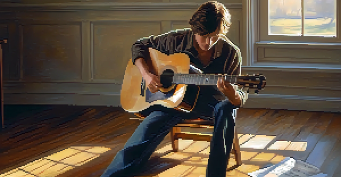 A beginner guitarist sits on a wooden floor, holding an acoustic guitar with sheet music around, illuminated by soft sunlight from a window.