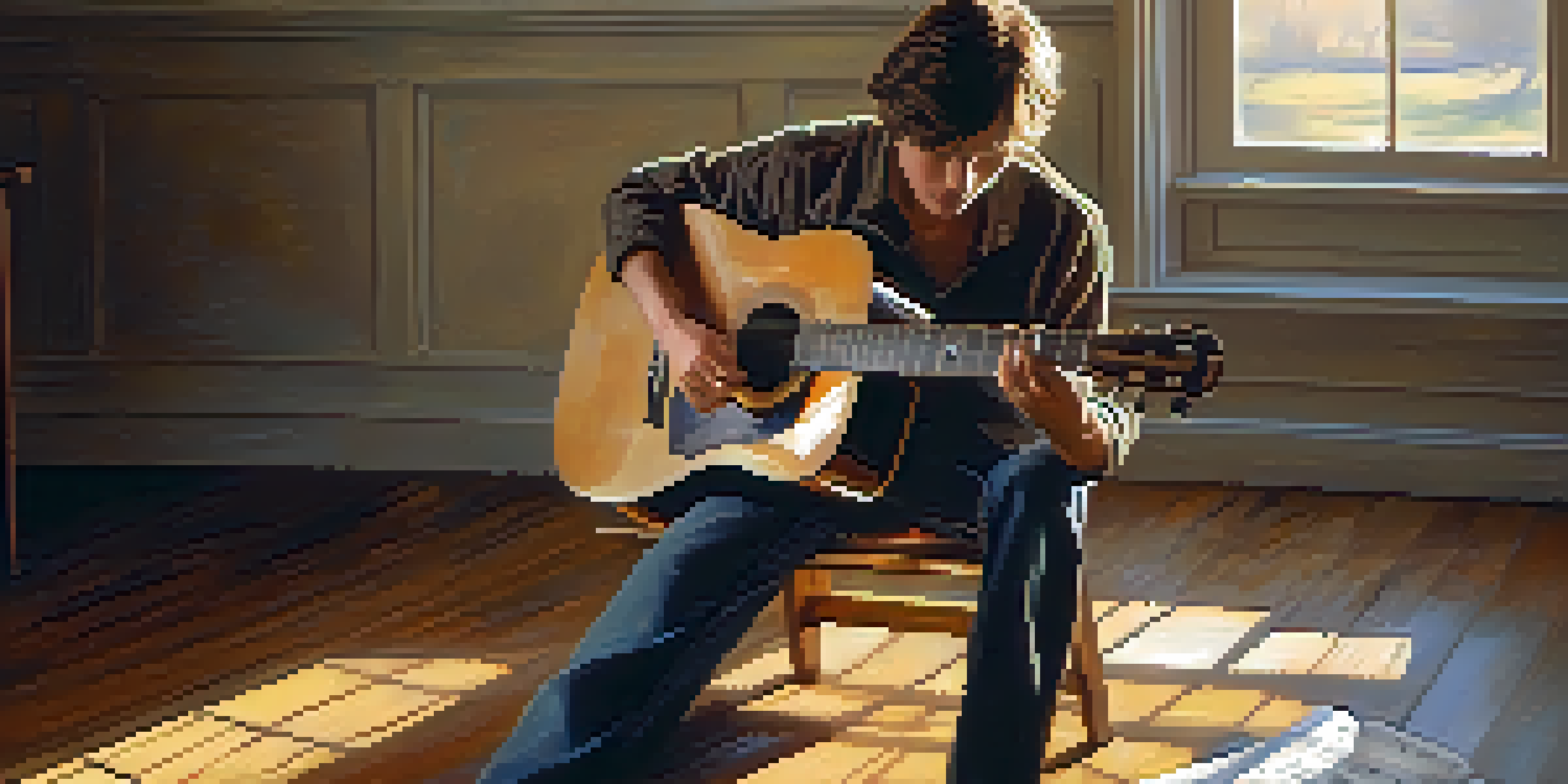 A beginner guitarist sits on a wooden floor, holding an acoustic guitar with sheet music around, illuminated by soft sunlight from a window.