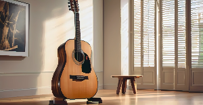 A wooden guitar stand with an acoustic guitar displayed on it, set in a warmly lit room with a cozy atmosphere.