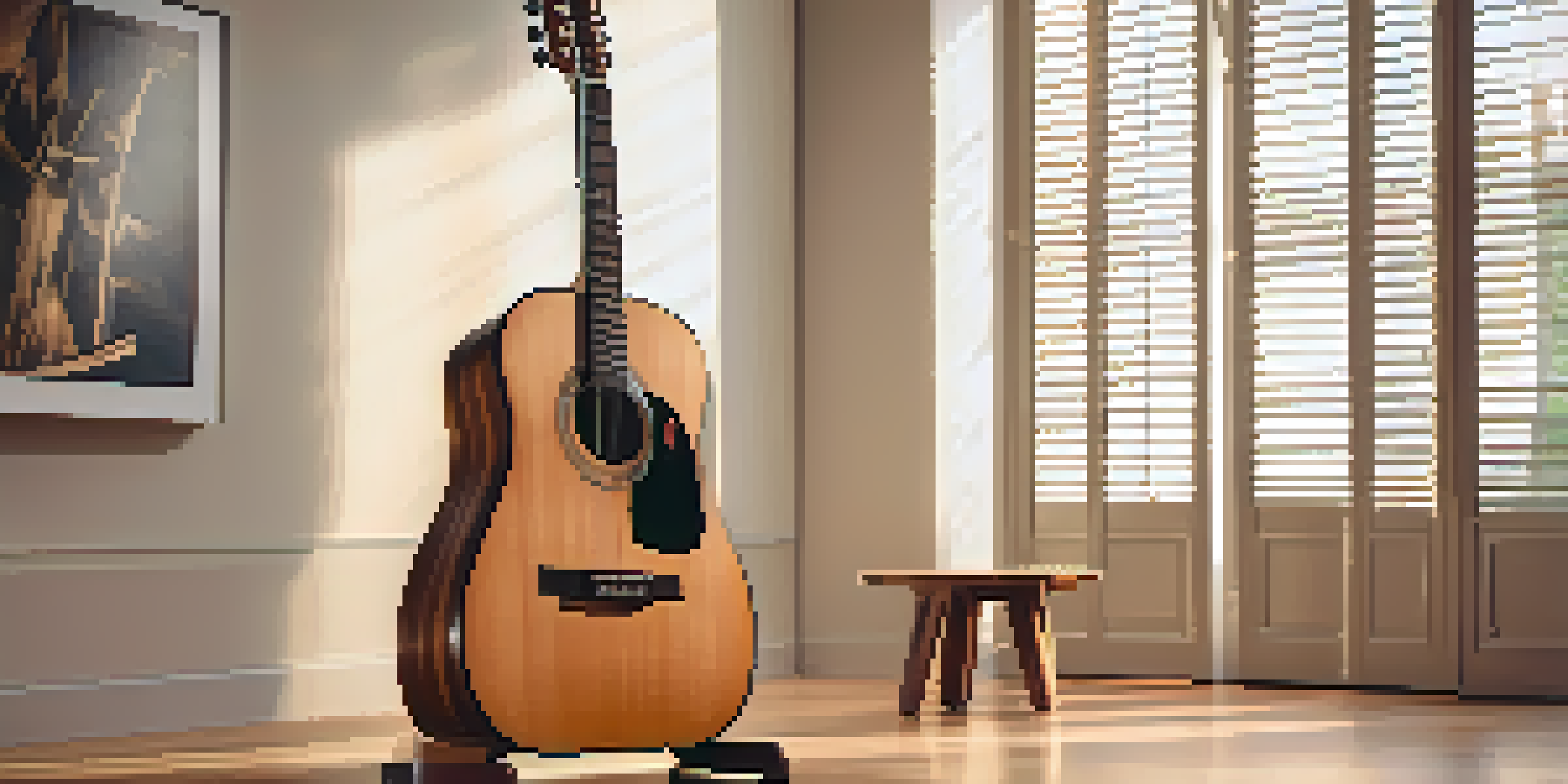 A wooden guitar stand with an acoustic guitar displayed on it, set in a warmly lit room with a cozy atmosphere.