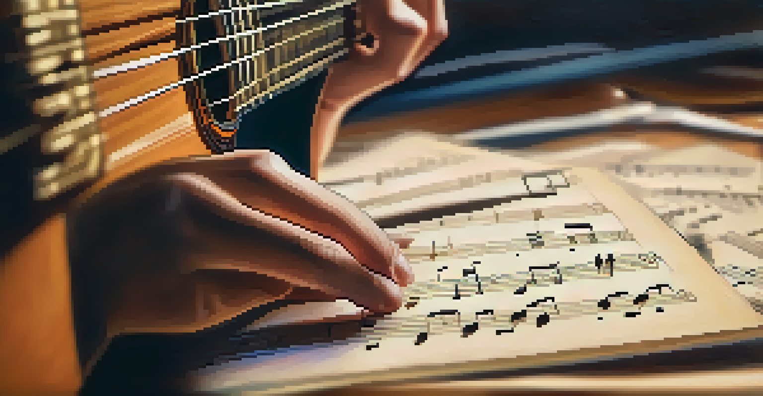 A close-up of a musician's hands playing guitar strings, with a metronome and sheet music in the background.