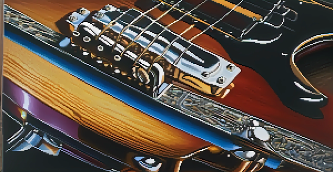 A close-up view of an electric guitar with a polished wood finish and colorful effects pedals, illuminated by soft ambient lighting.