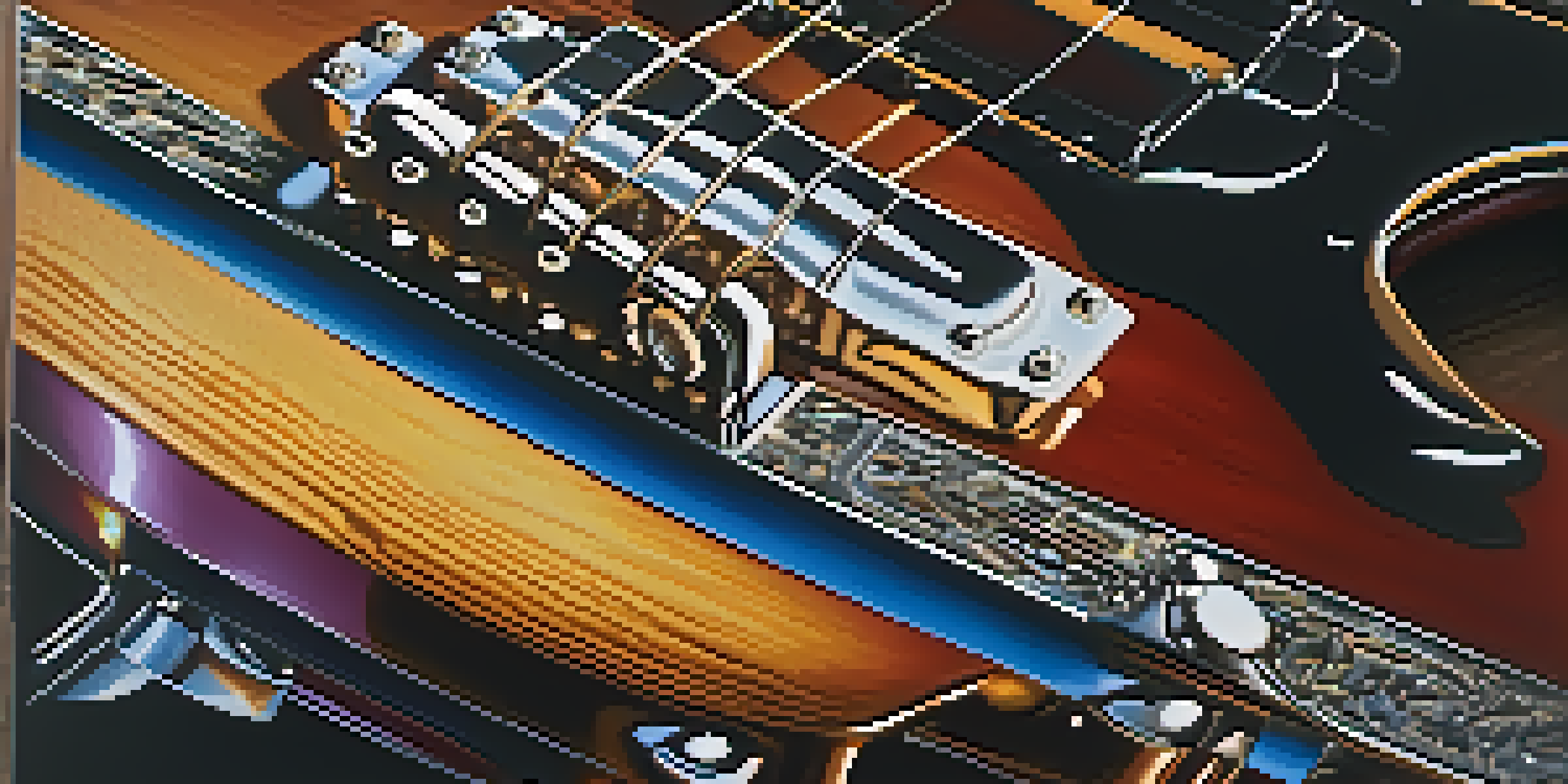 A close-up view of an electric guitar with a polished wood finish and colorful effects pedals, illuminated by soft ambient lighting.