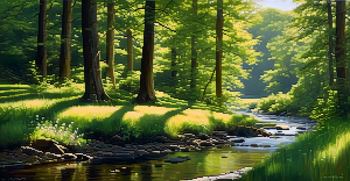 A peaceful forest scene with sunlight filtering through trees and a stream flowing, surrounded by colorful wildflowers.
