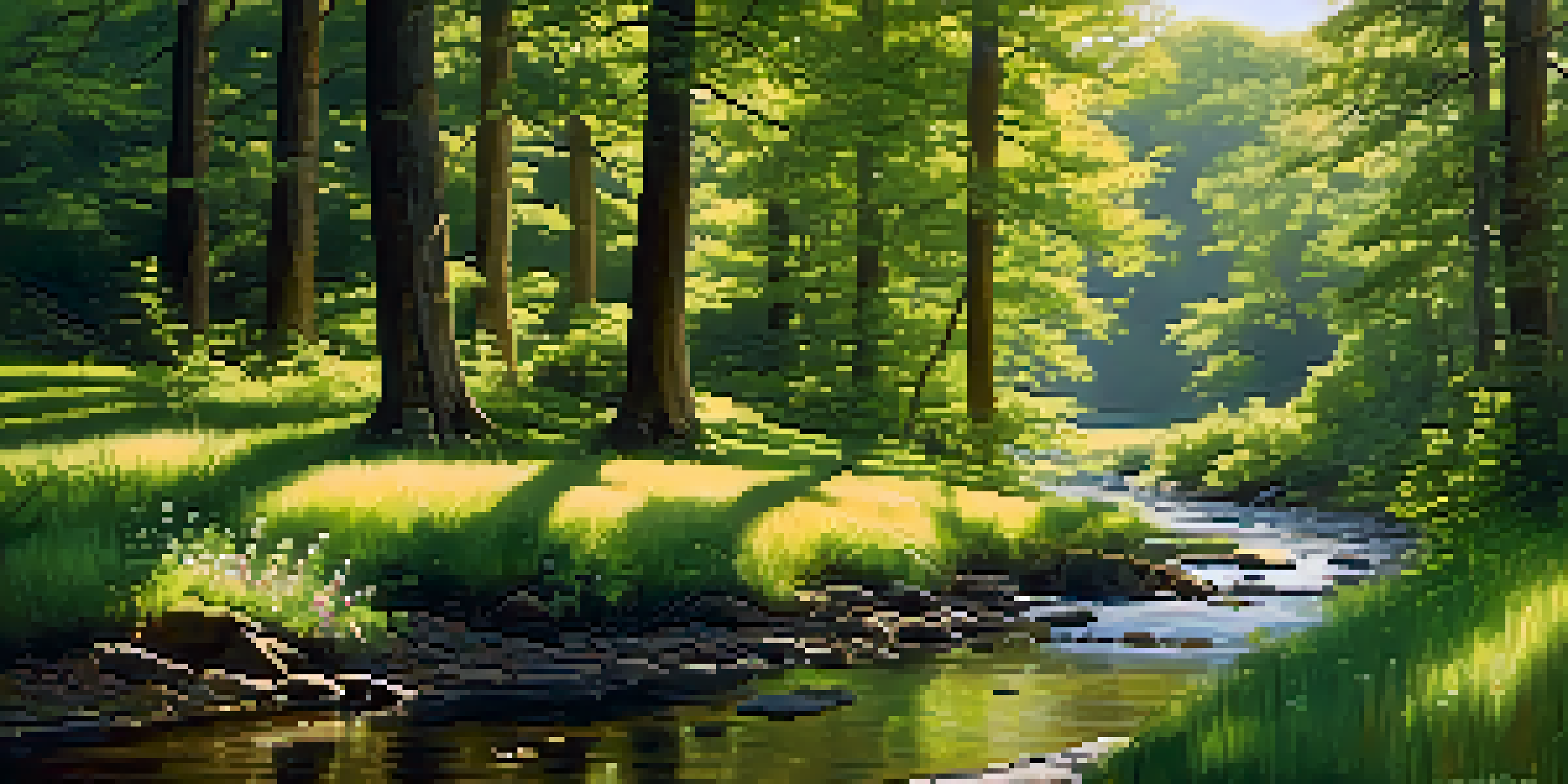 A peaceful forest scene with sunlight filtering through trees and a stream flowing, surrounded by colorful wildflowers.