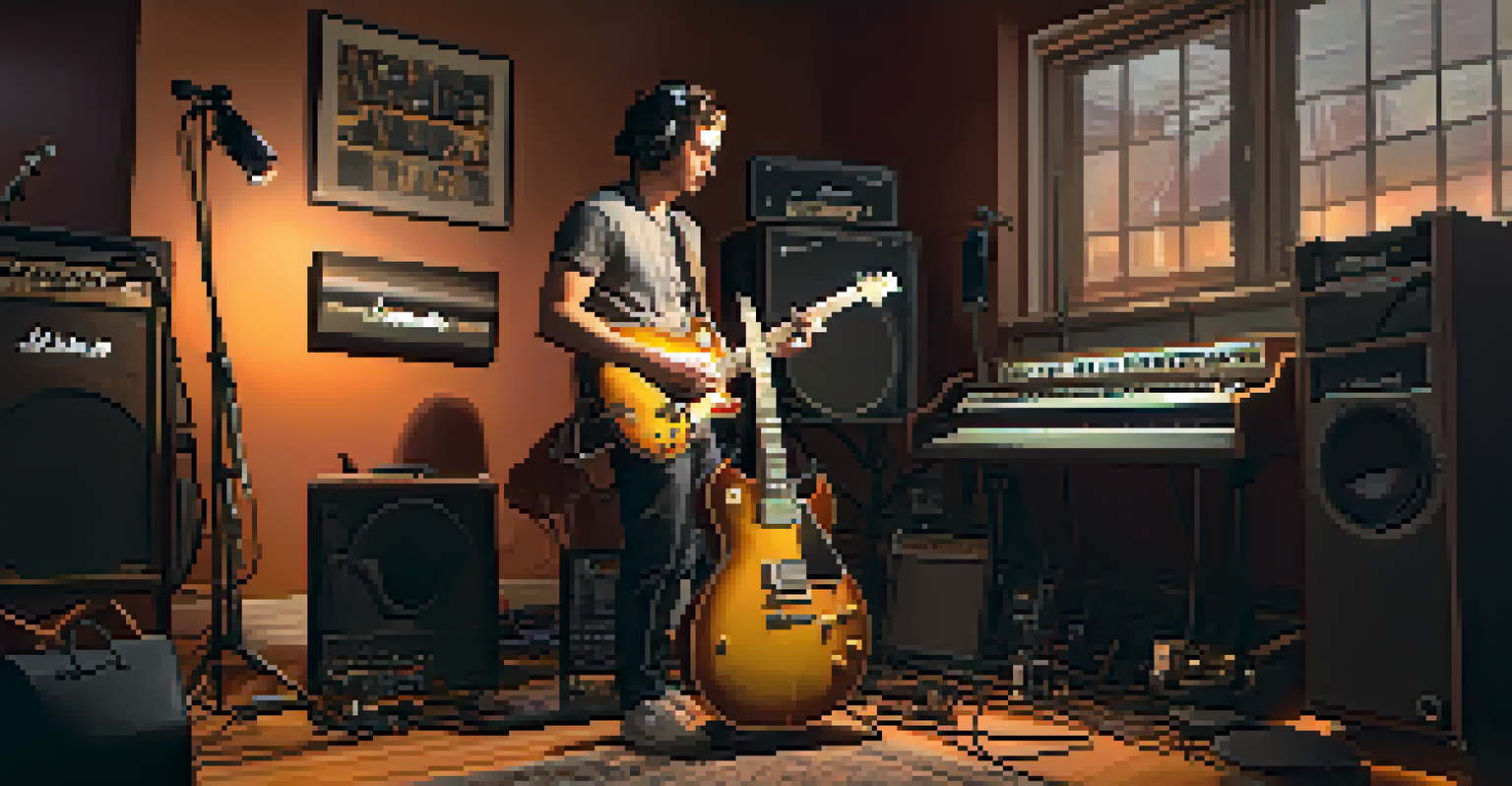 An artist playing an electric guitar in a cozy recording studio, surrounded by microphones and warm lighting.