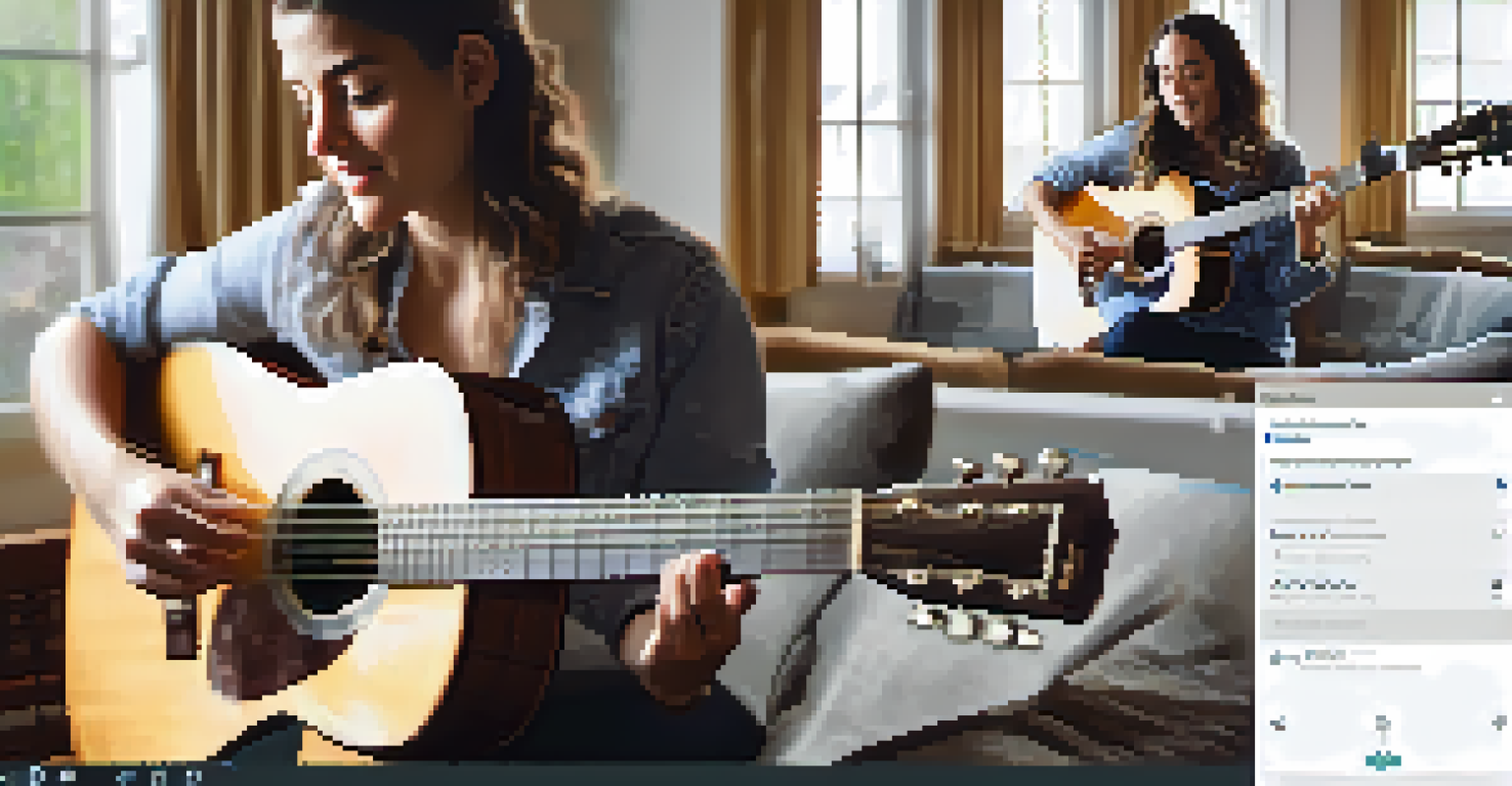 A split-screen view of an online guitar lesson with an instructor and a student practicing together.
