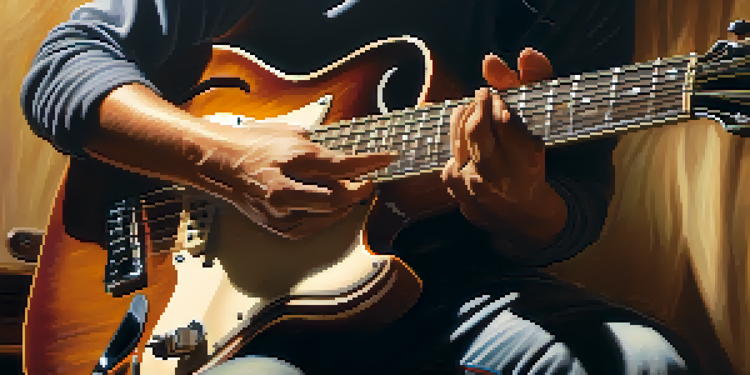 A close-up of a guitarist's hands tapping on the fretboard of a guitar, showcasing intricate movements and warm lighting.
