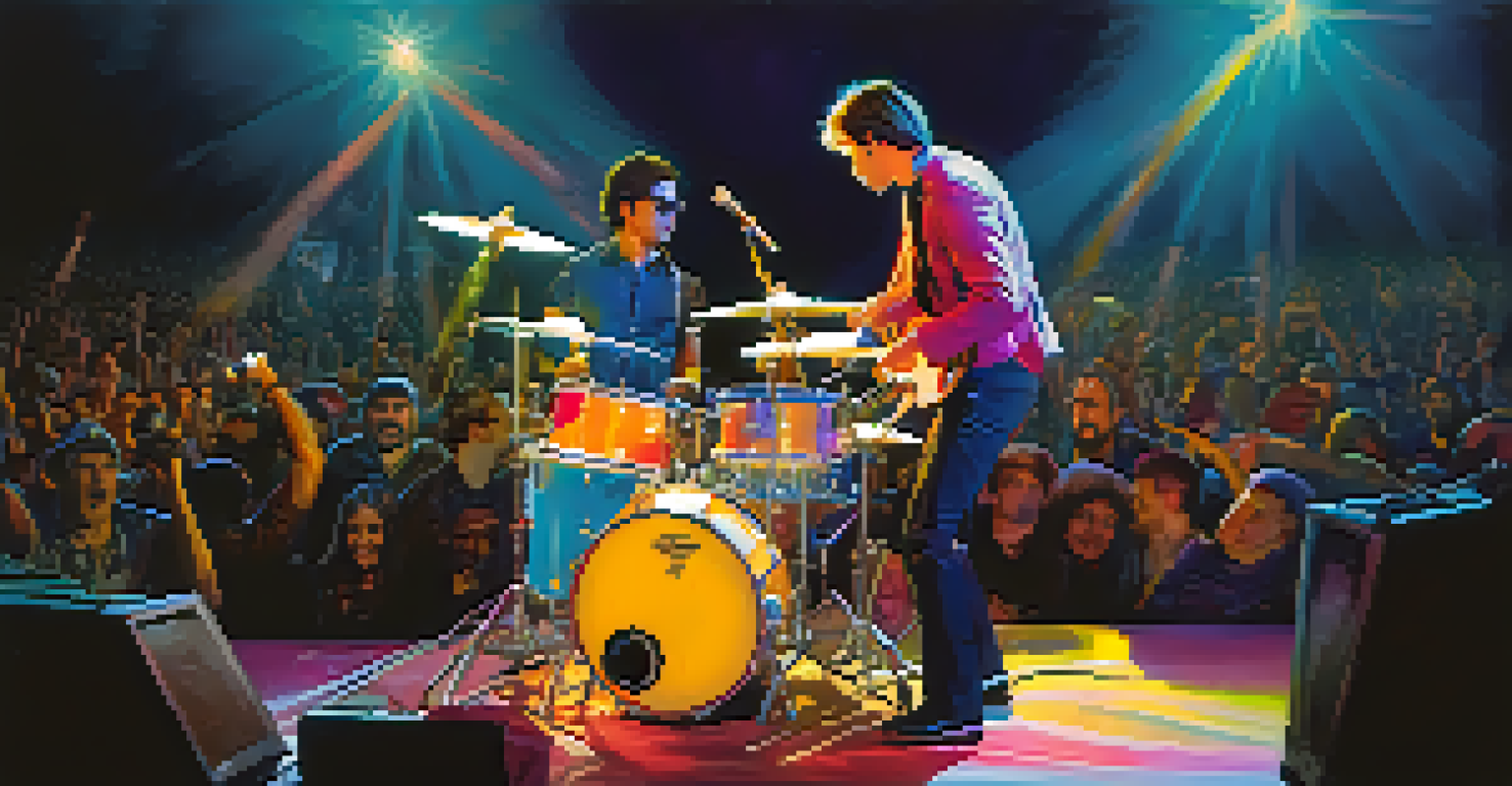 A rock band performing on stage, highlighting the collaboration between a guitarist and drummer under colorful lights with an engaged crowd.