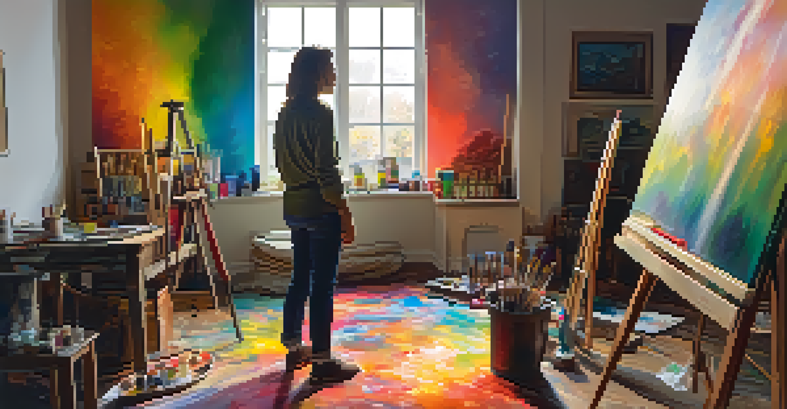 An artist in a studio visualizing their artwork, surrounded by paints and canvases with warm sunlight streaming in.