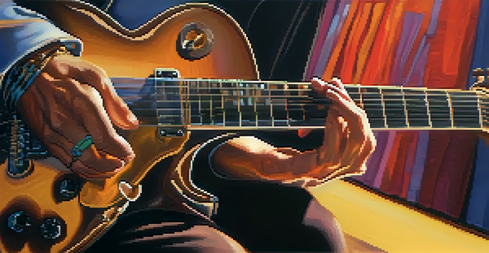 A guitarist's hands playing a guitar, showcasing finger placements on the fretboard with a blurred background.