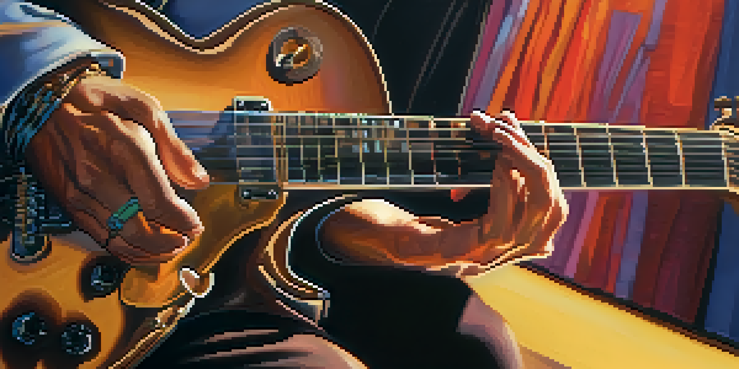 A guitarist's hands playing a guitar, showcasing finger placements on the fretboard with a blurred background.