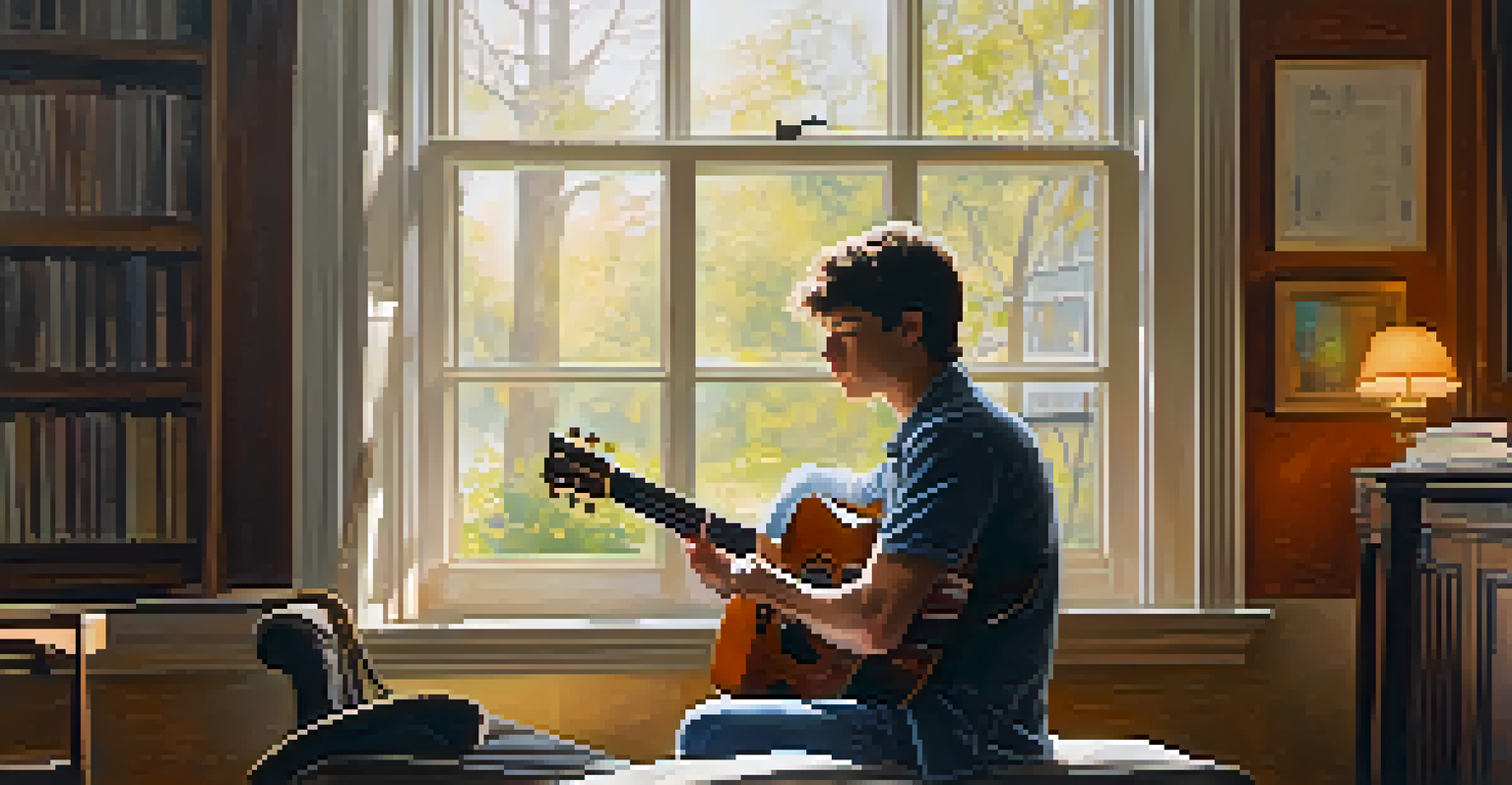A guitarist practicing in a peaceful indoor setting, expressing emotion through vibrato.