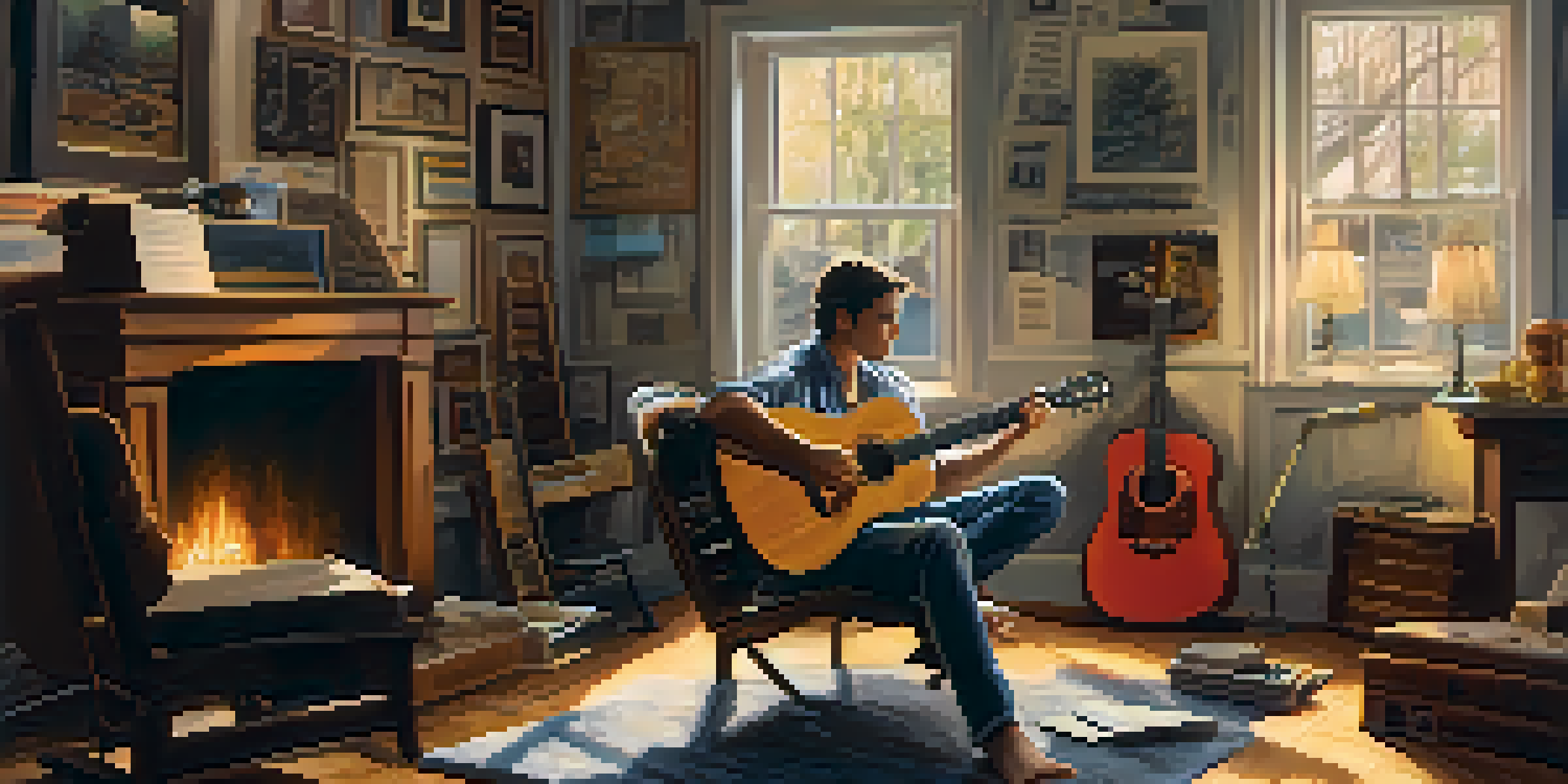 A guitarist practicing in a cozy room, with musical notes and a notebook around them.