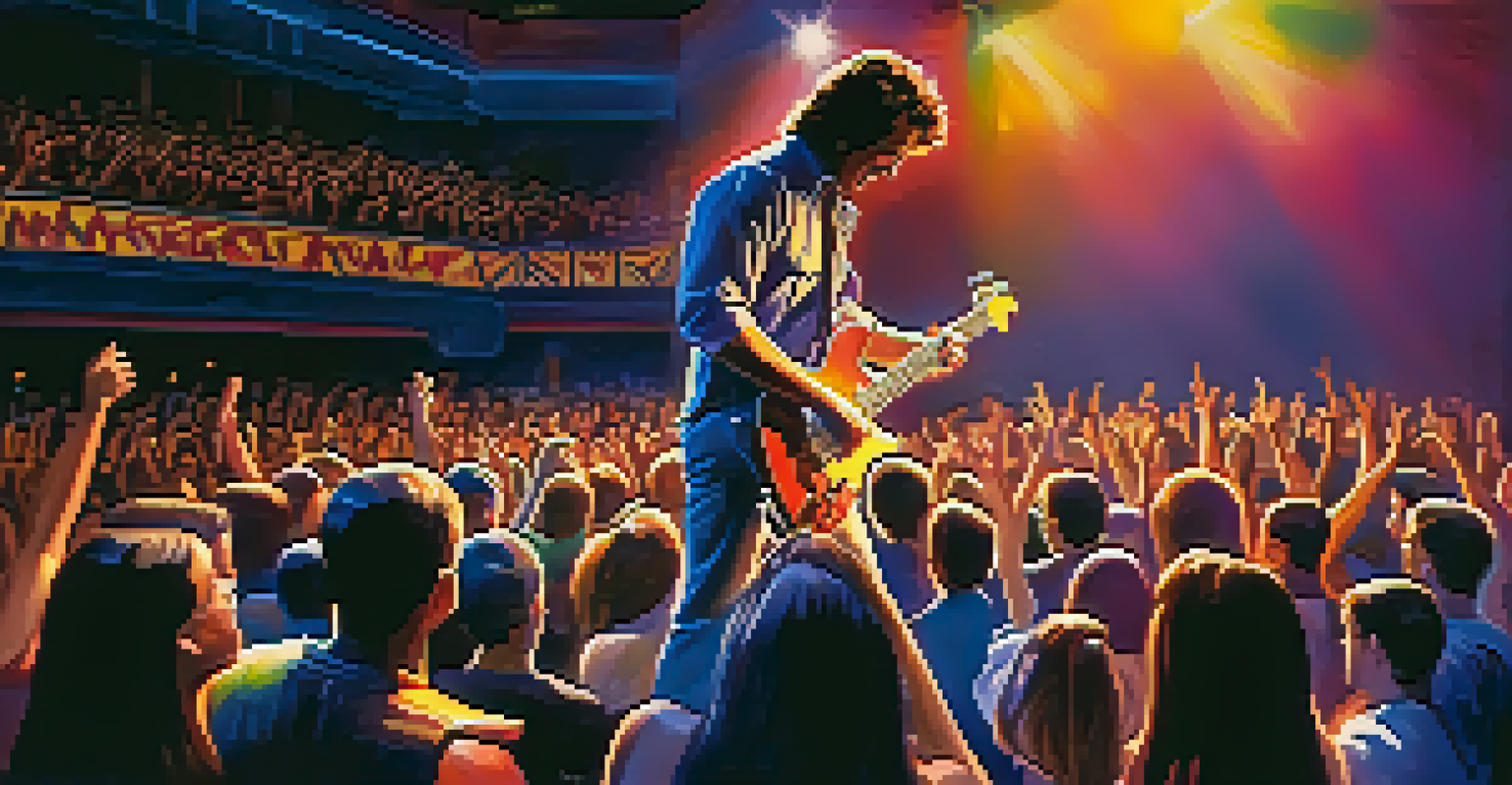 A guitarist confidently performing on stage with a cheering crowd, vibrant stage lights creating a dynamic atmosphere.