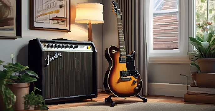 A cozy home music corner with a Fender Champion 20 guitar amp, a classic electric guitar, music sheets, and a potted plant.