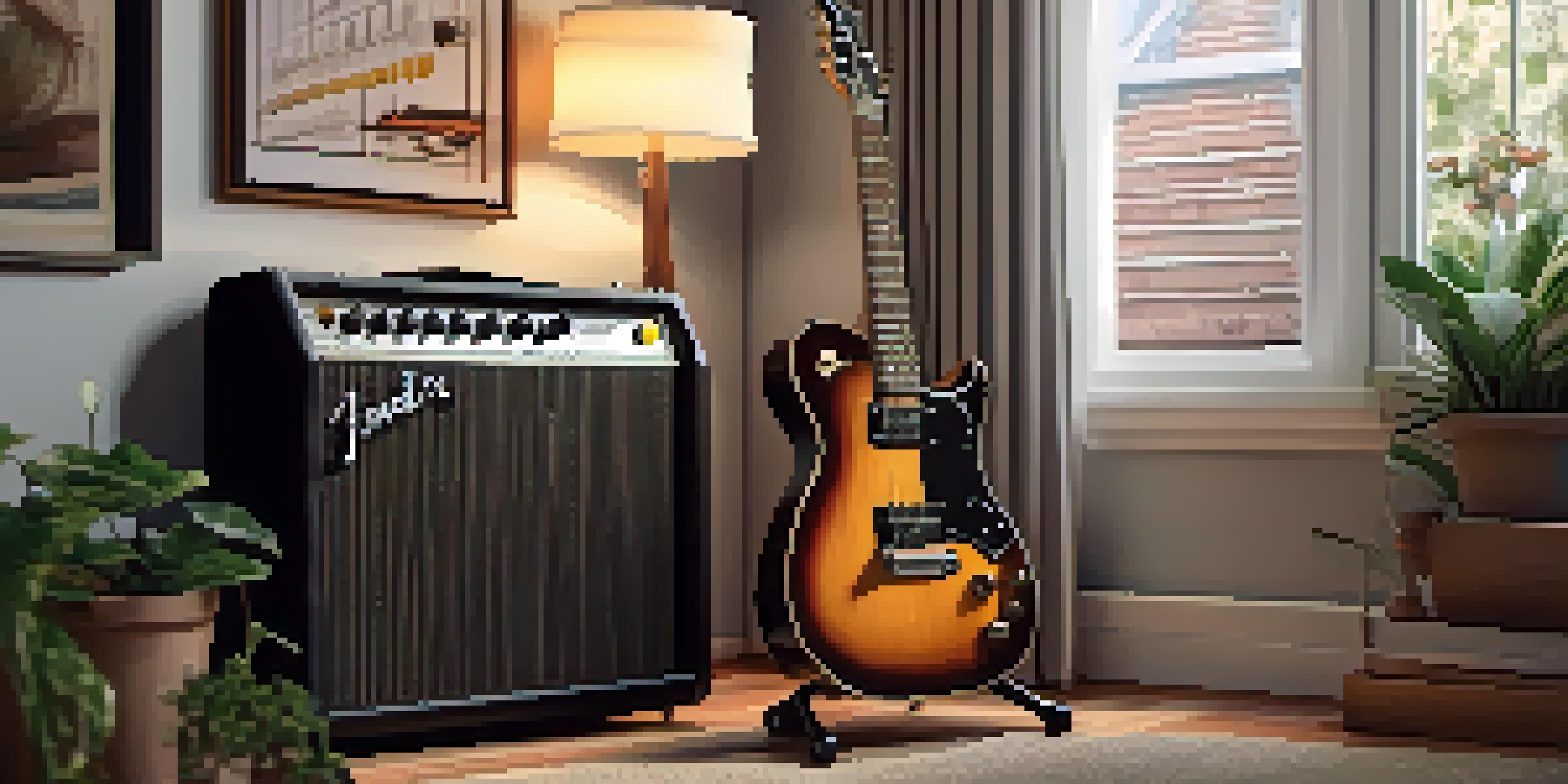 A cozy home music corner with a Fender Champion 20 guitar amp, a classic electric guitar, music sheets, and a potted plant.