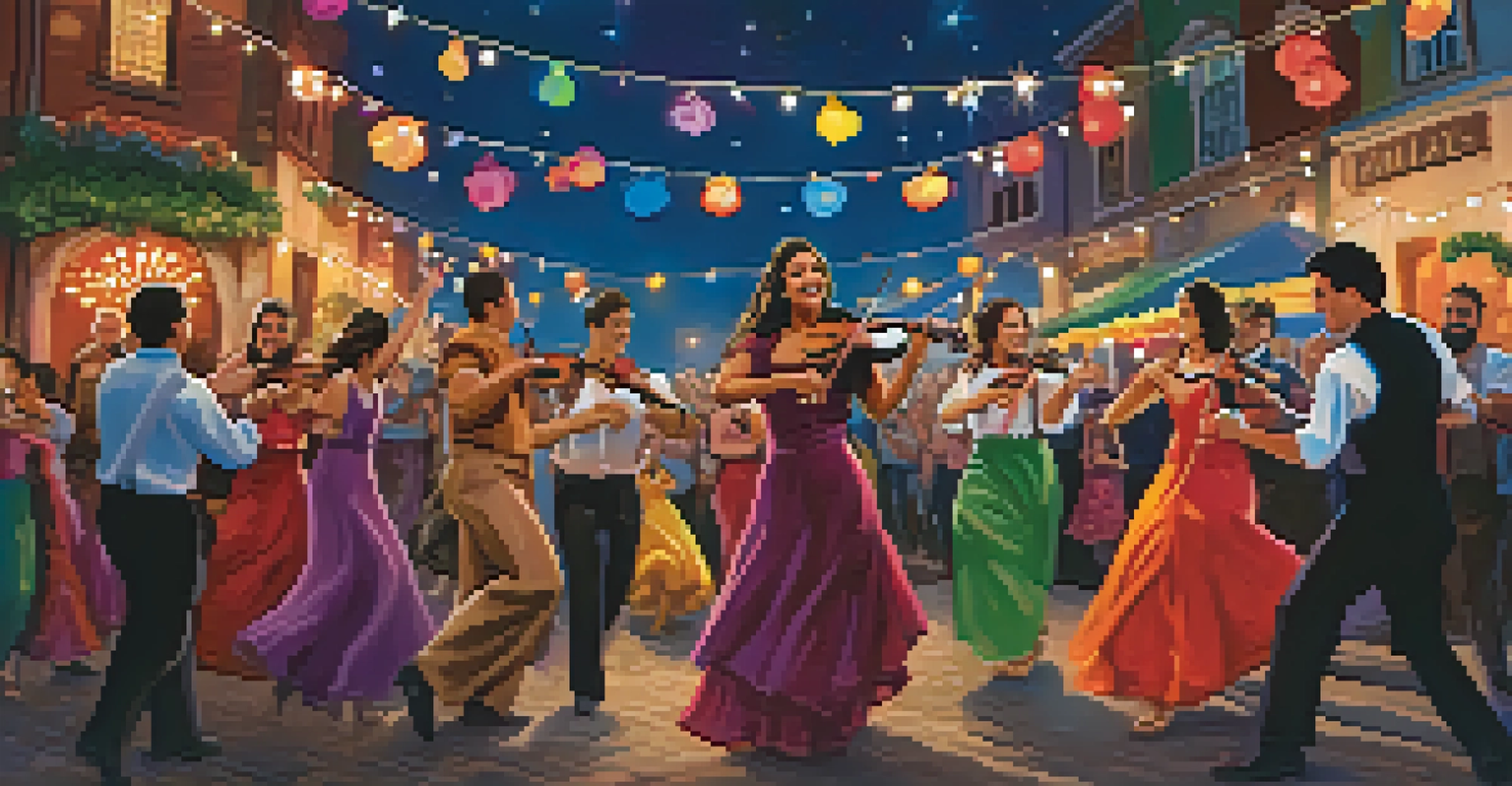 A street festival celebrating Gypsy Jazz with musicians and dancers, including a violinist and a guitar player, set against a starry sky and festive lights.