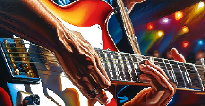 A guitarist's hands playing an electric guitar with colorful stage lights in the background.