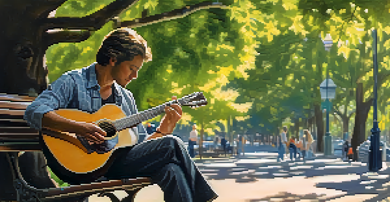 A solo guitarist sitting on a bench in a park, softly strumming under the shade of a tree with sunlight filtering through the leaves.