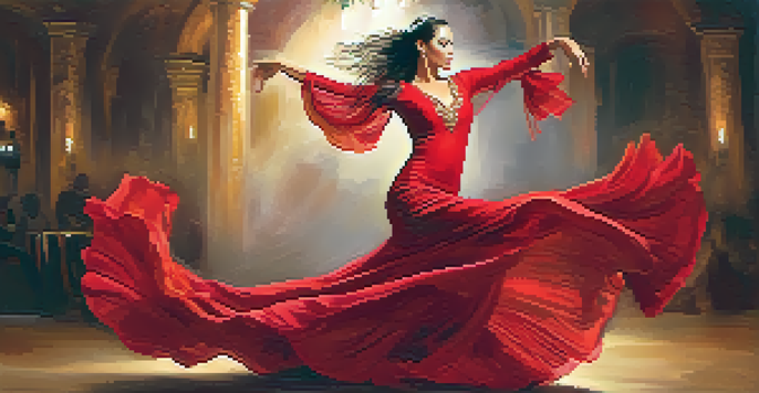 A passionate Flamenco dancer in a red dress performing on stage with warm lights in the background.