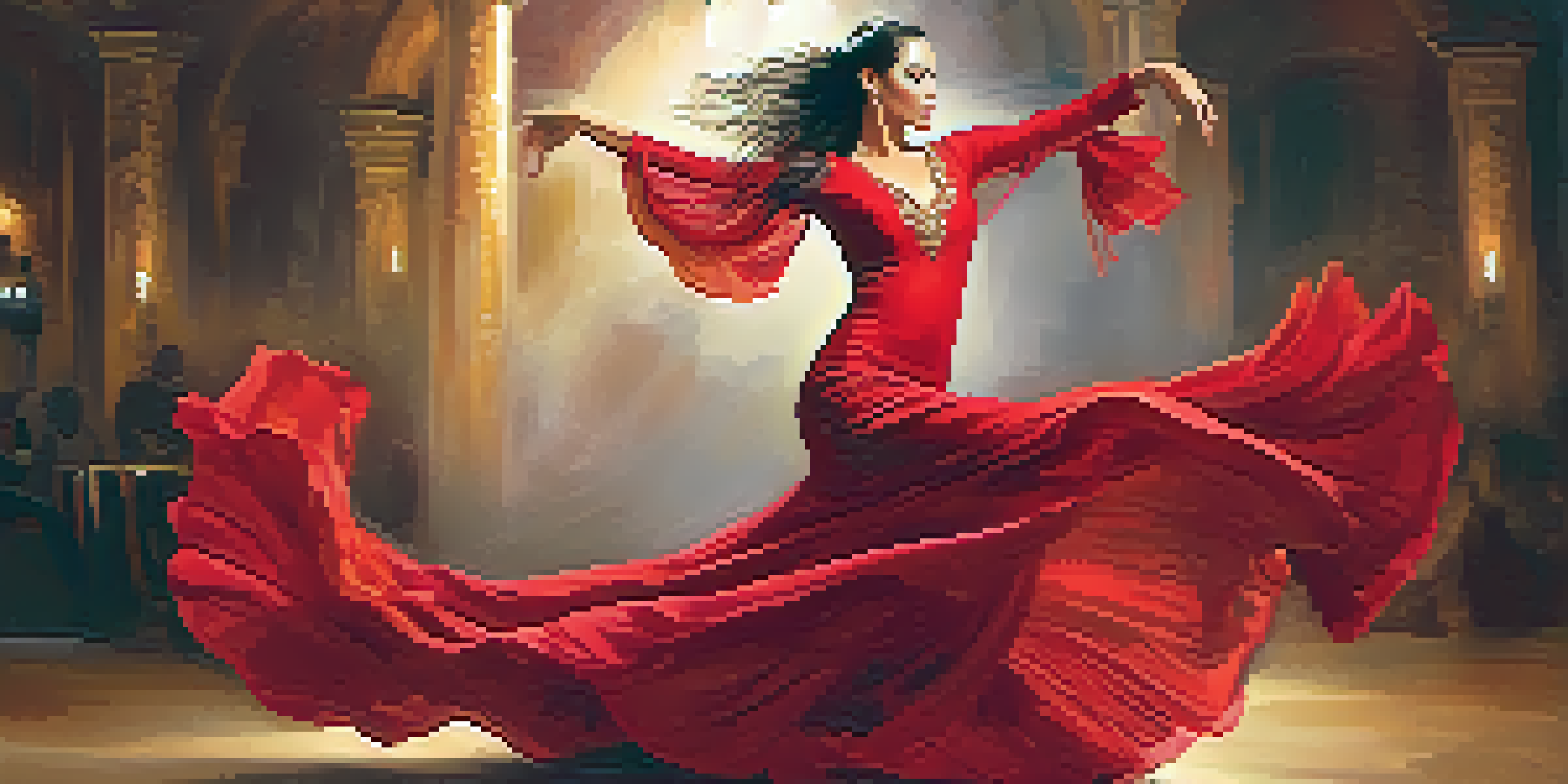 A passionate Flamenco dancer in a red dress performing on stage with warm lights in the background.